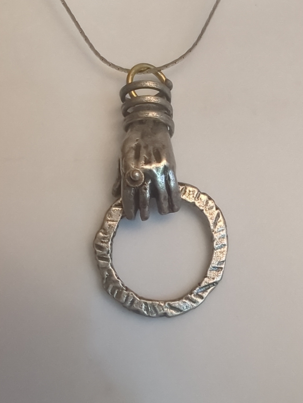 Hand Charm Circle Pendant Necklace - Silver Tone